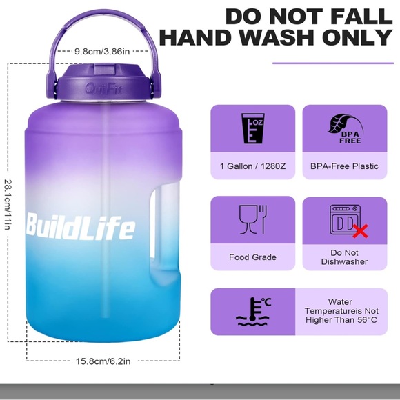 BuildLife 1 Gallon Motivational Water Bottle w/Straw + Extra Bottle (no lid) - Picture 2 of 7